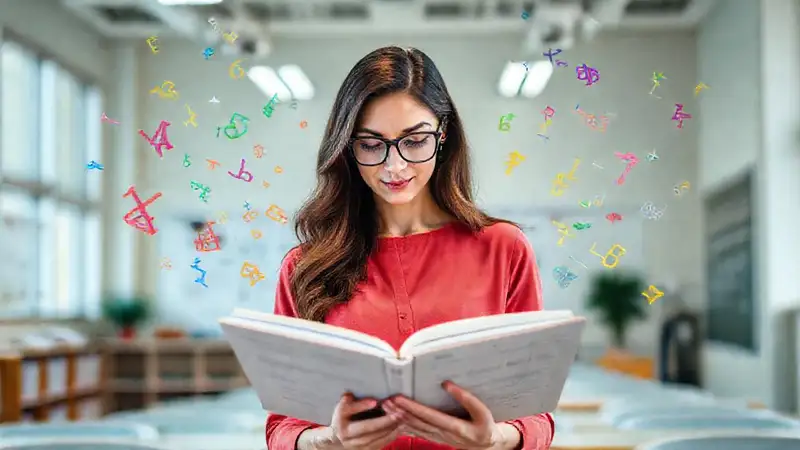 Mujer académica leyendo fórmulas matemáticas inspiradoras