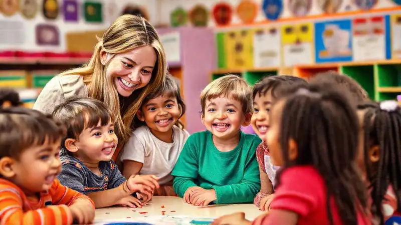 Niños felices en aula inclusiva y colaborativa