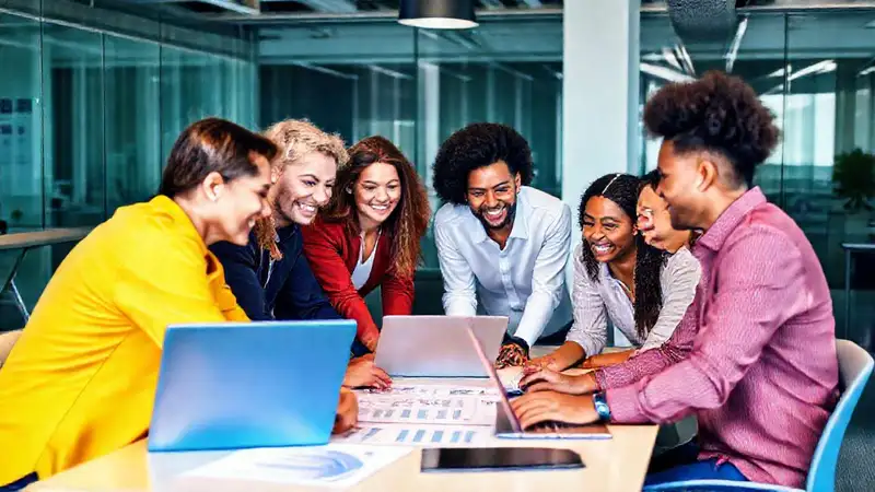 Equipo diverso colaborando con éxito en oficina