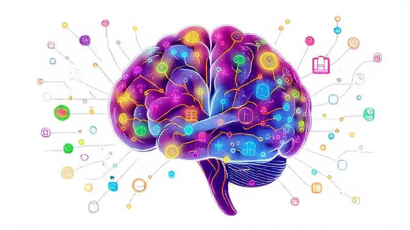 Cerebro colorido con símbolos y conexiones inspiradoras
