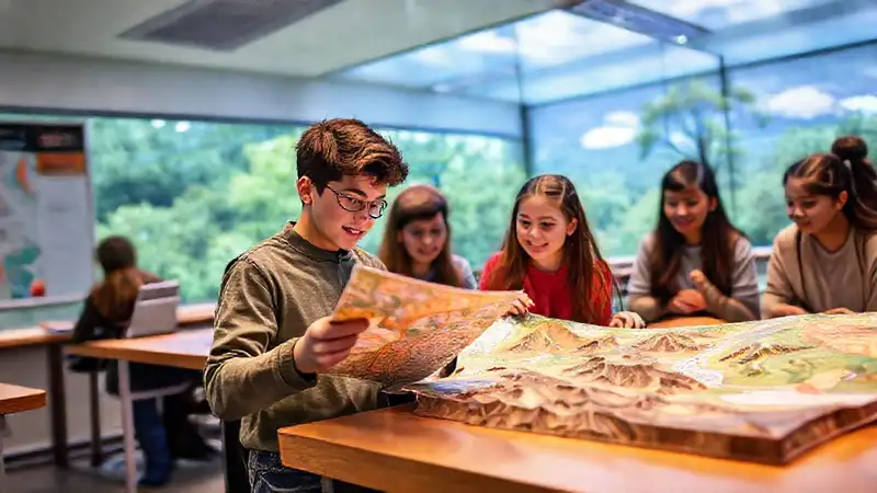 Estudiantes explorando mapas en un entorno inmersivo