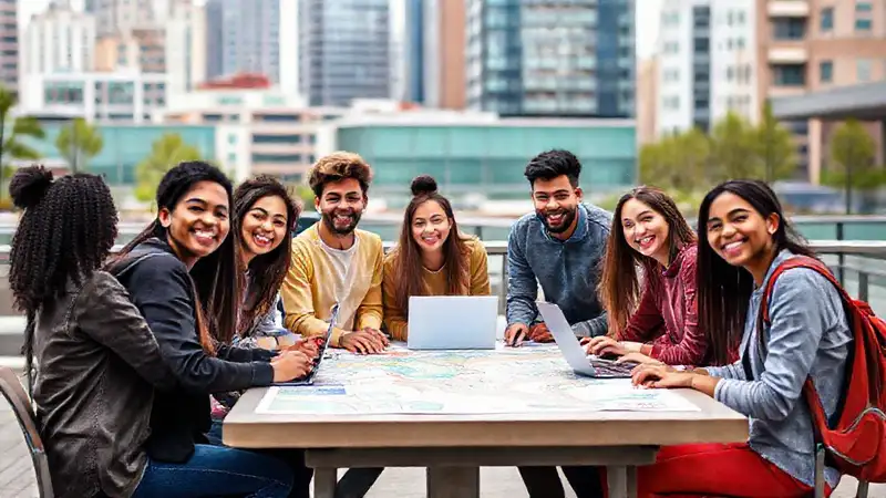 Estudiantes diversos colaboran en entorno urbano moderno