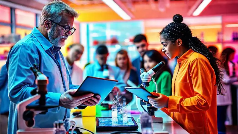 Mentor y estudiante discuten ciencia en laboratorio