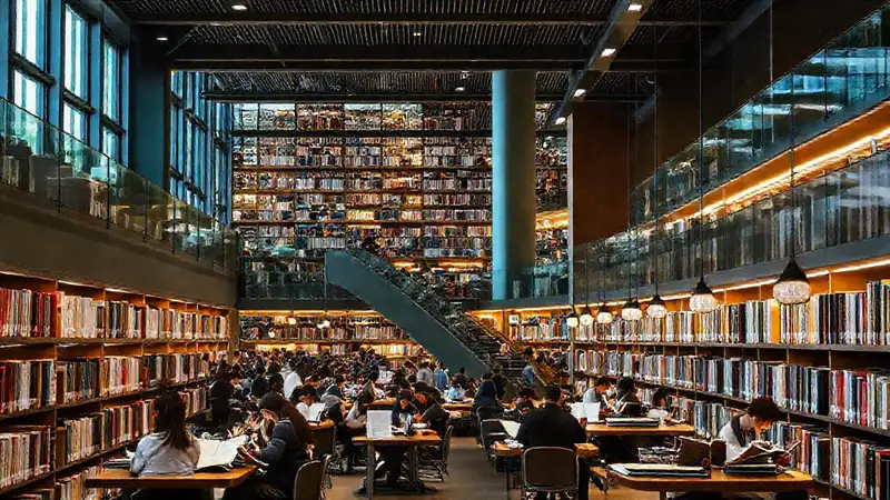 Biblioteca universitaria moderna y acogedora