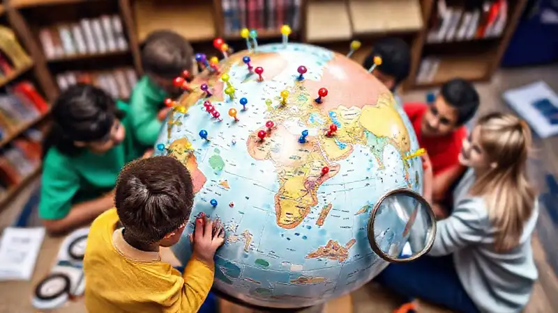 Mapa mundial y estudiantes en ambiente educativo