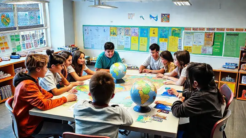 Estudiantes colaborando en aula colorida y moderna
