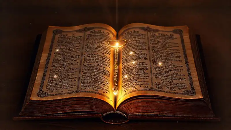 Biblia antigua con simbolismos teológicos brillantes