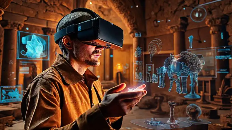 Casco de realidad virtual en investigación histórica futurista
