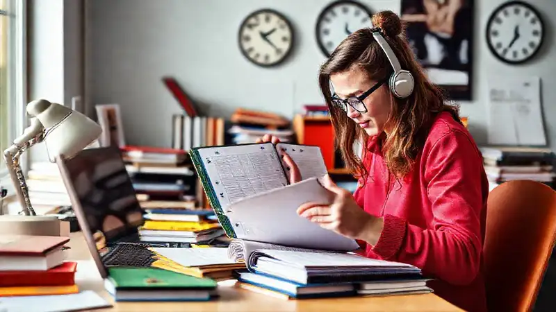 Estudiante organizado con agenda y escritorio ordenado