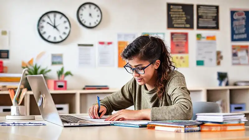 Estudiante en un escritorio ordenado y motivador