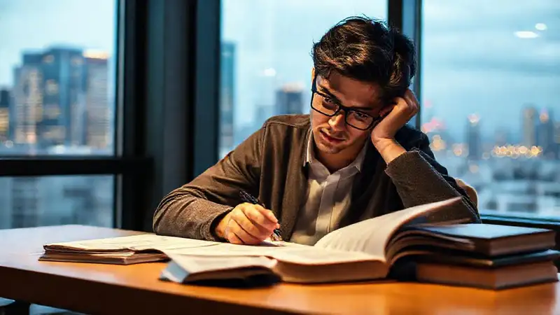 Estudiante estudia en oficina moderna y ordenada