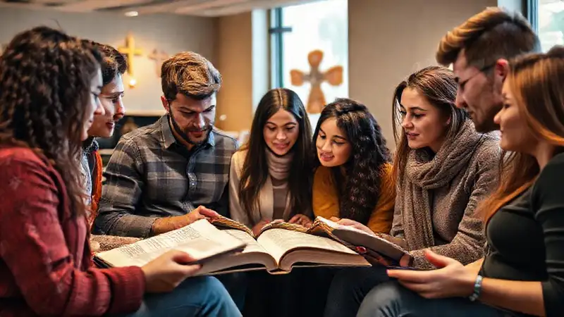 Estudiantes diversos estudian teología en aula moderna