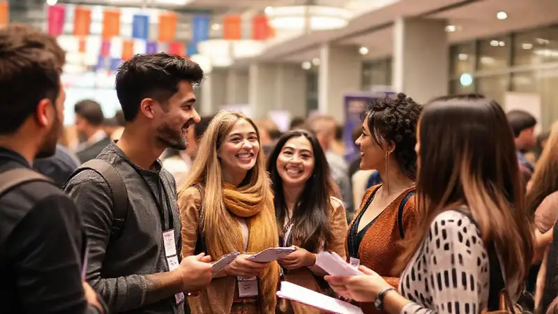 Estudiantes diversos intercambian contactos en evento universitario