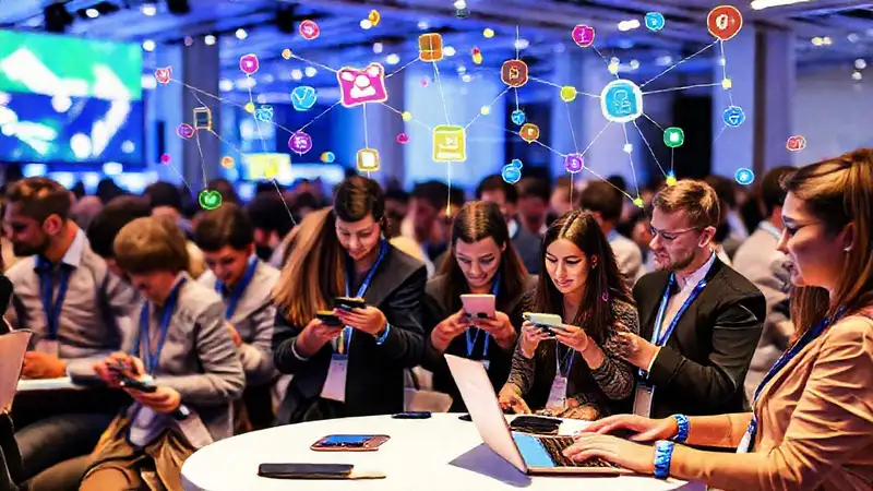 Participantes conectados en evento digital y colorido