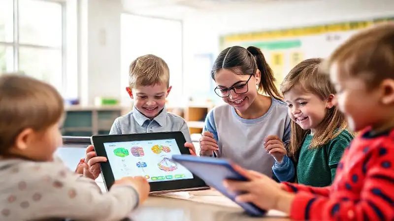 Niños usando tablets en aula moderna