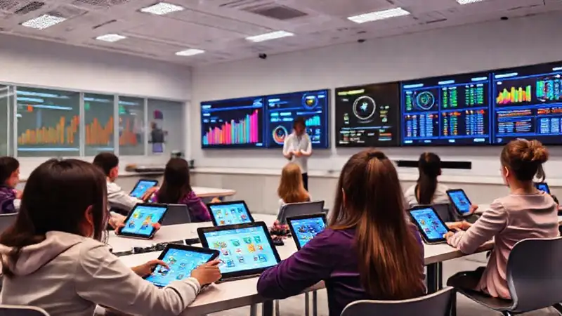 Aula moderna con tecnología y datos interactivos