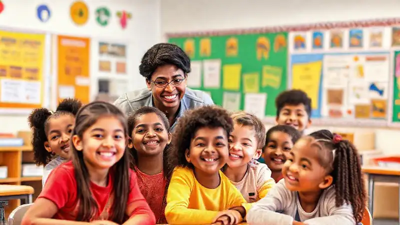 Estudiantes felices en aula inclusiva y amigable
