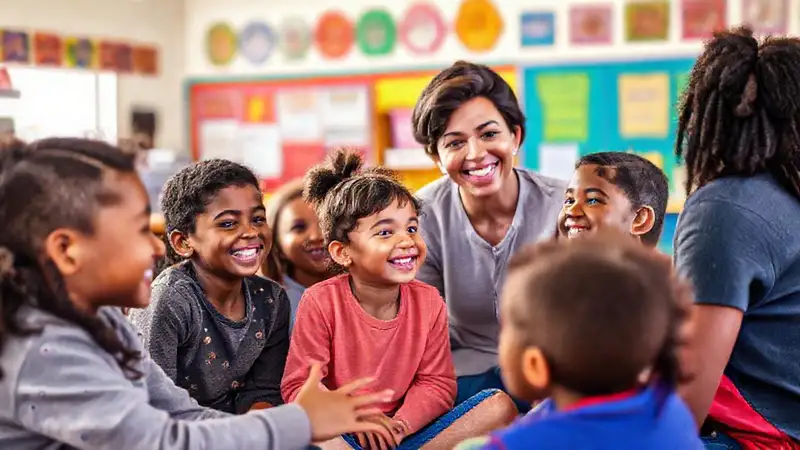 Estudiantes felices en aula inclusiva y cálida
