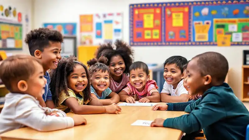 Niños colaborando en un ambiente alegre y diverso