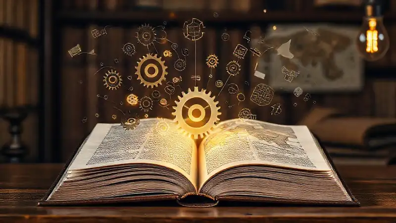 Libro antiguo con engranajes y conocimiento brillante