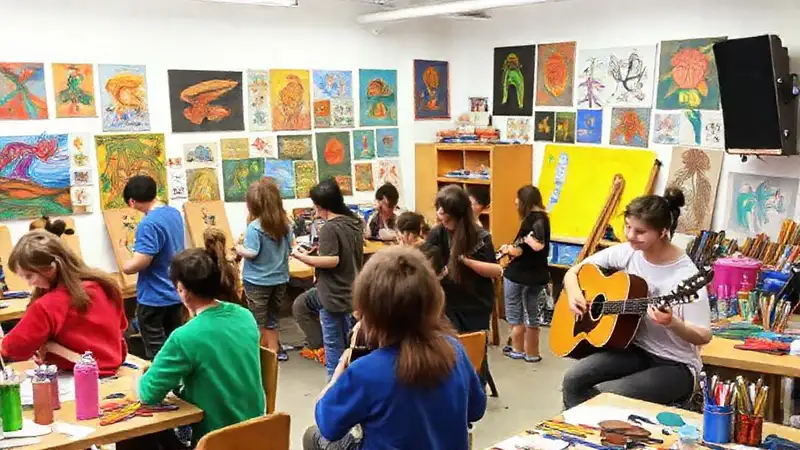 Escuela de arte con estudiantes creativos y vibrantes