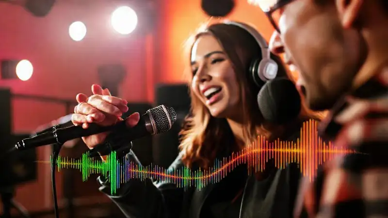 Profesor de canto con micro y gráficos vibrantes