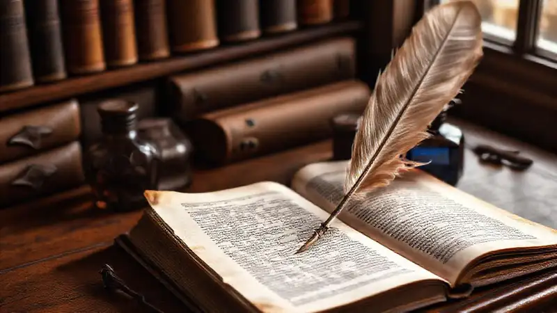 Papel antiguo y pluma en escritorio clásico