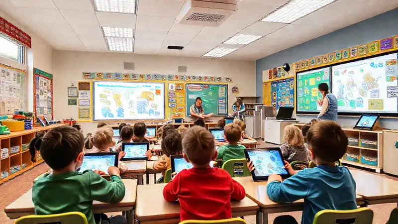 Aula moderna con niños y tecnología interactiva