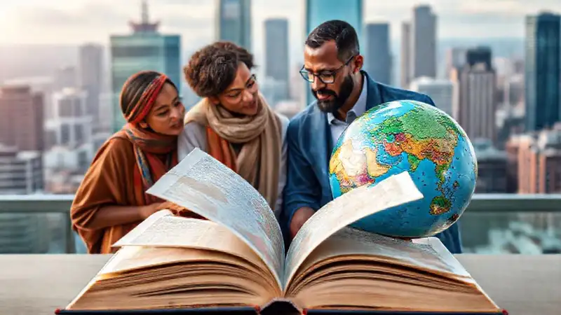 Libro abierto con mapas y académicos diversos