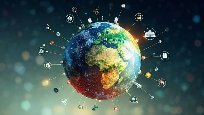 Mundo conectado con ciudades, naturaleza y tecnología