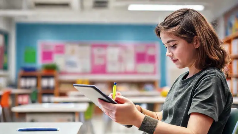 Estudiante tomando notas en una tablet moderna