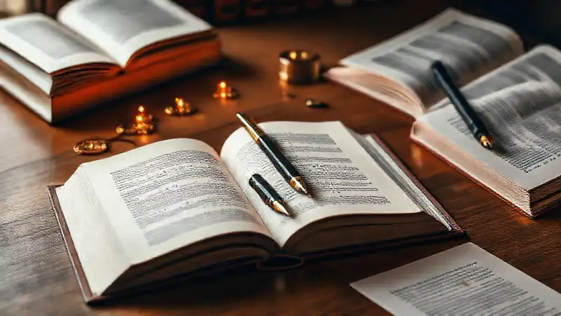 Libro abierto con plumas y símbolos académicos