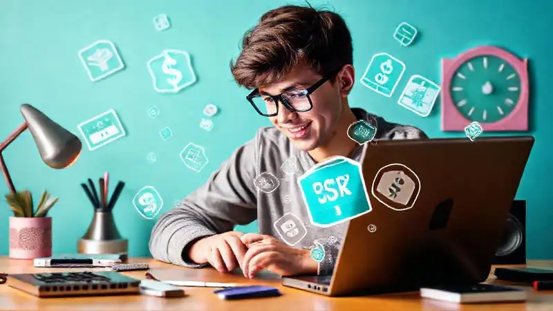 Estudiante con gadgets, ahorros y tecnología moderna