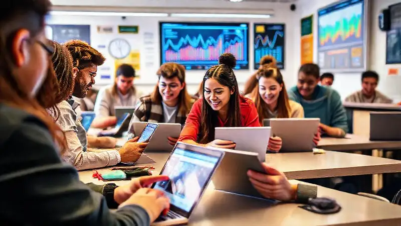 Estudiantes con tecnología en aula moderna