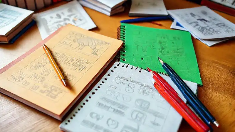 Cuaderno colorido en escritorio organizado y moderno