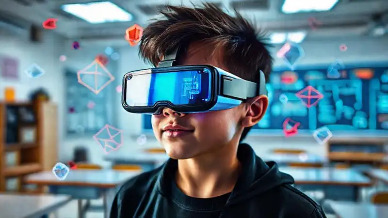 Estudiante con gafas AR en clase futurista