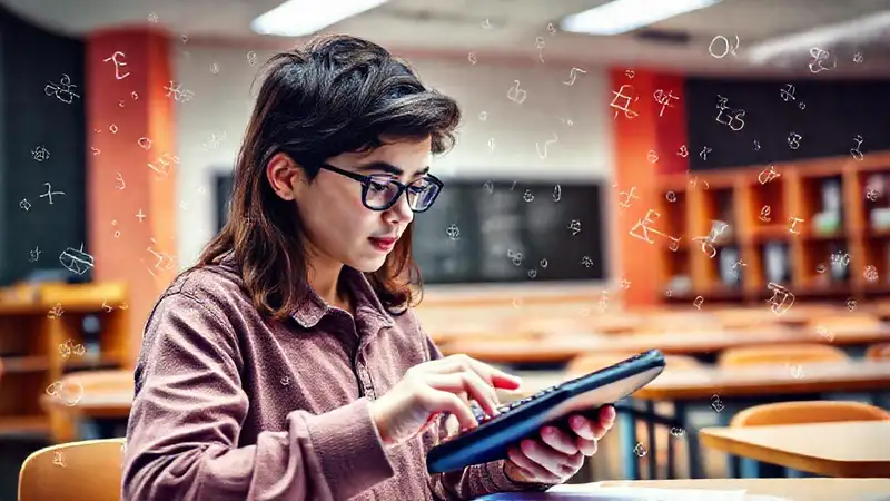Estudiante calcula en aula moderna y vibrante