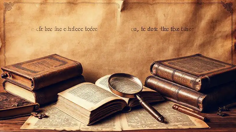 Libros antiguos, pluma, lupa y ambiente clásico
