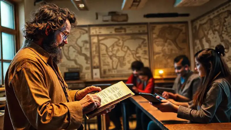 Historiador estudia manuscritos con estudiantes innovadores