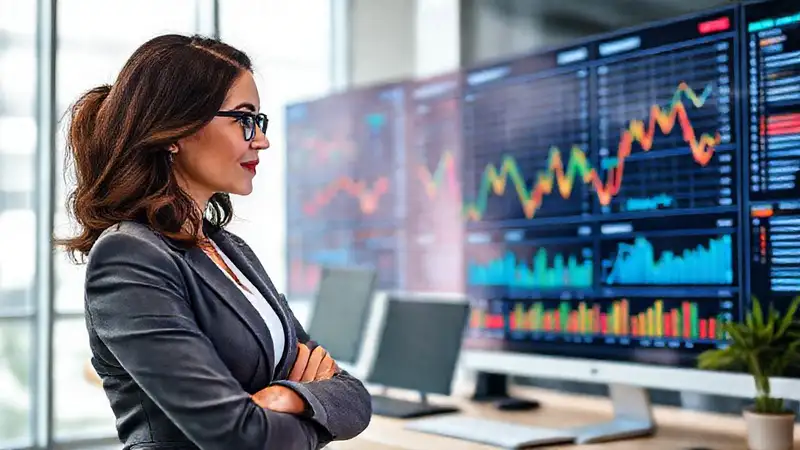 Mujer analiza gráficos económicos en oficina moderna
