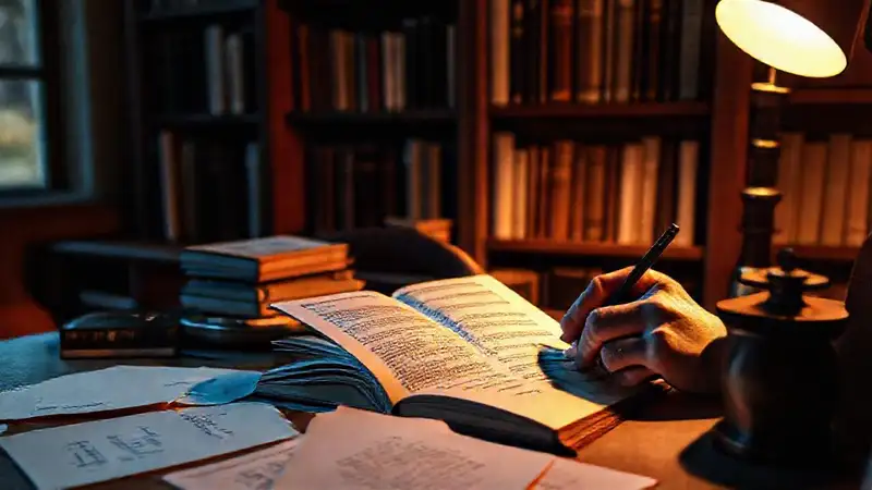 Escritor en escritorio con libros y notas