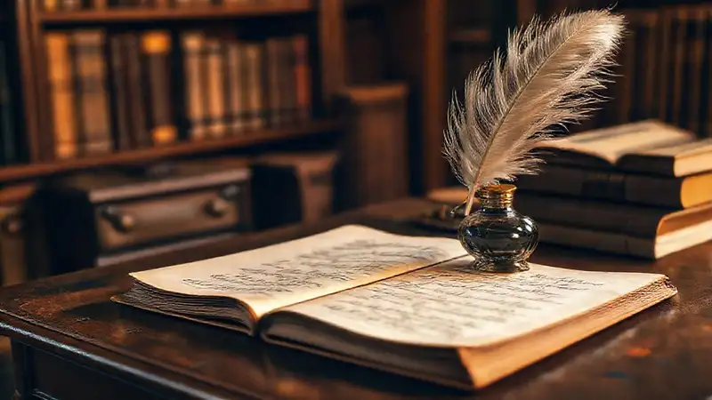 Escritorio vintage con manuscrito y libros
