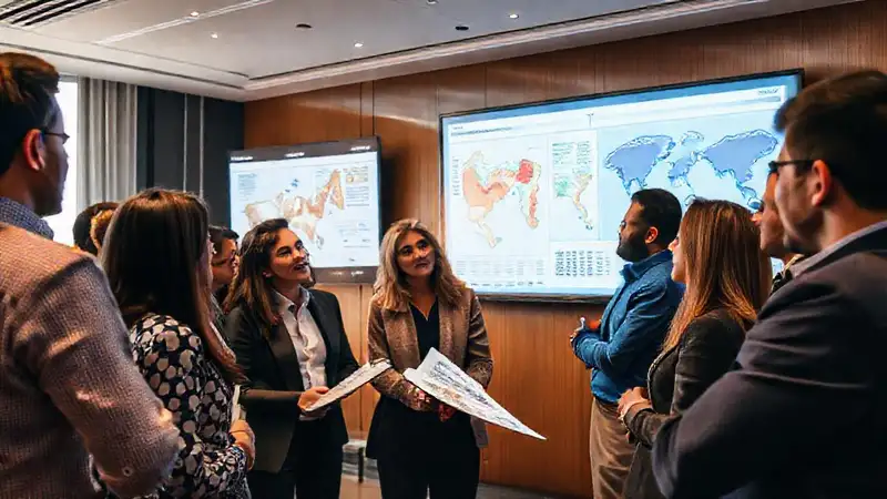 Grupo diverso discutiendo en sala moderna