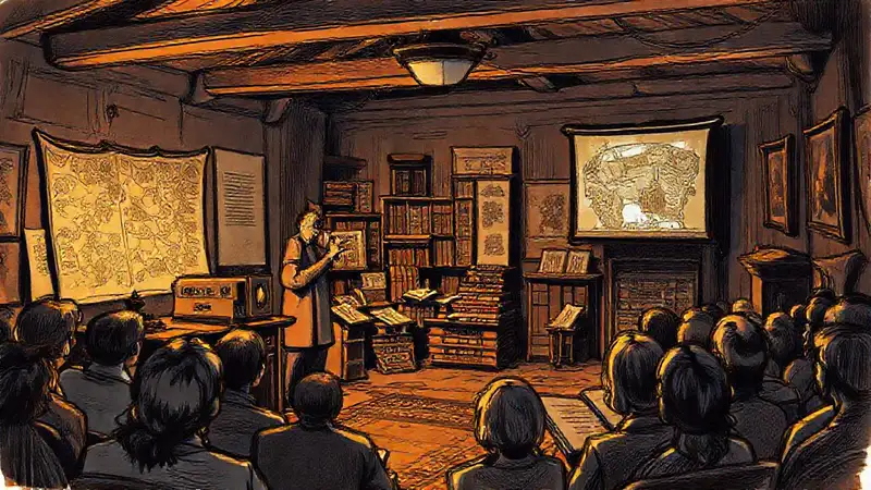 Presentación histórica con proyector vintage y mapas antiguos