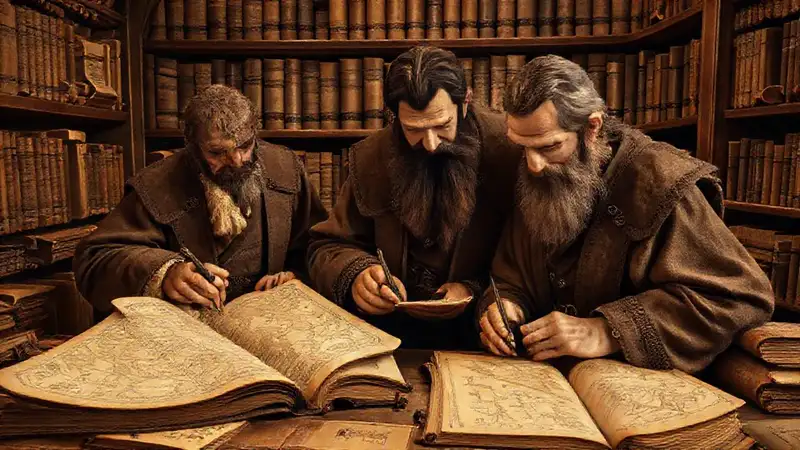Historiadores antiguos estudian manuscritos y mapas