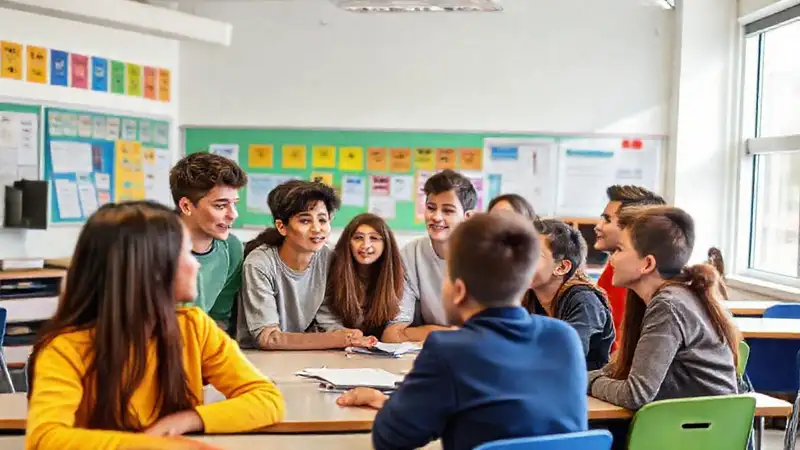 Estudiantes de secundaria colaboran en aula moderna