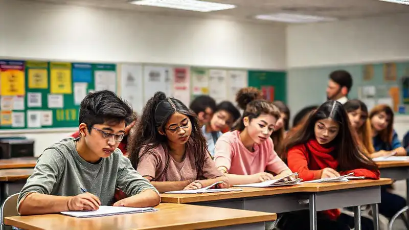 Estudiantes en examen en aula moderna