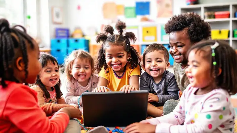 Niños diversos aprendiendo con tecnología inclusiva