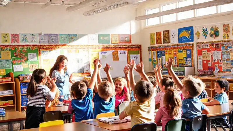 Aula luminosa con niños participando activamente