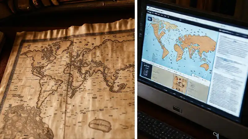 Comparación visual de mapas antiguos y tecnología moderna